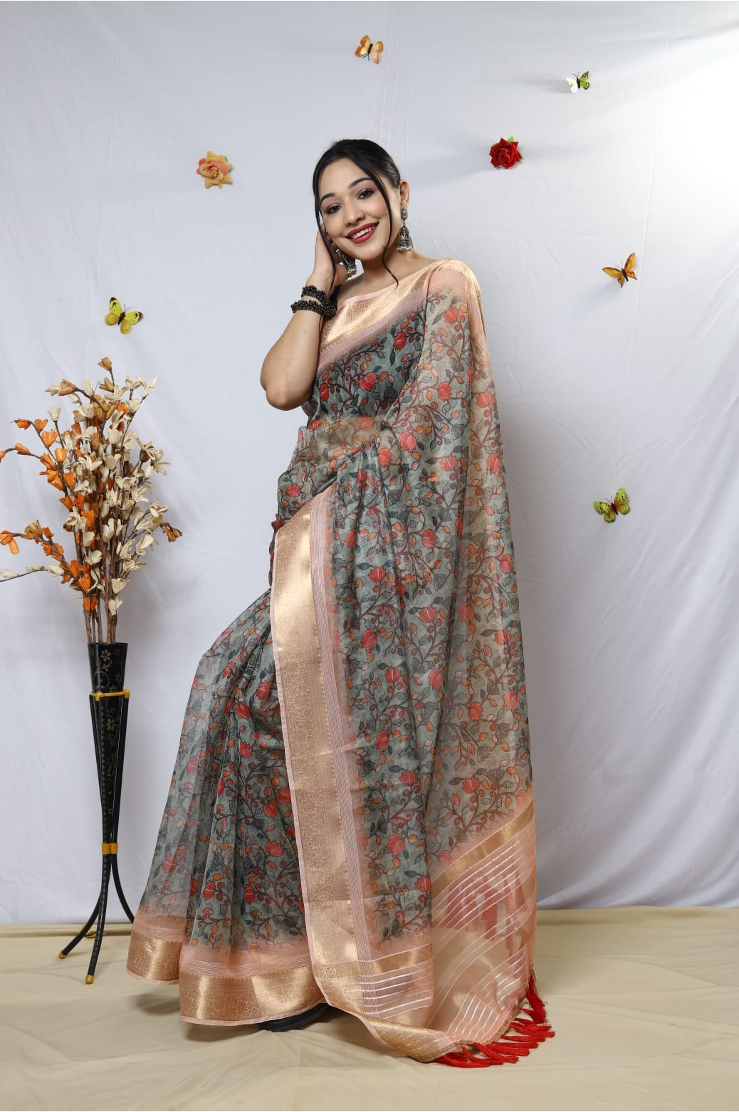 Pure Organza Silk Kalamkari Print Saree With Zari Border