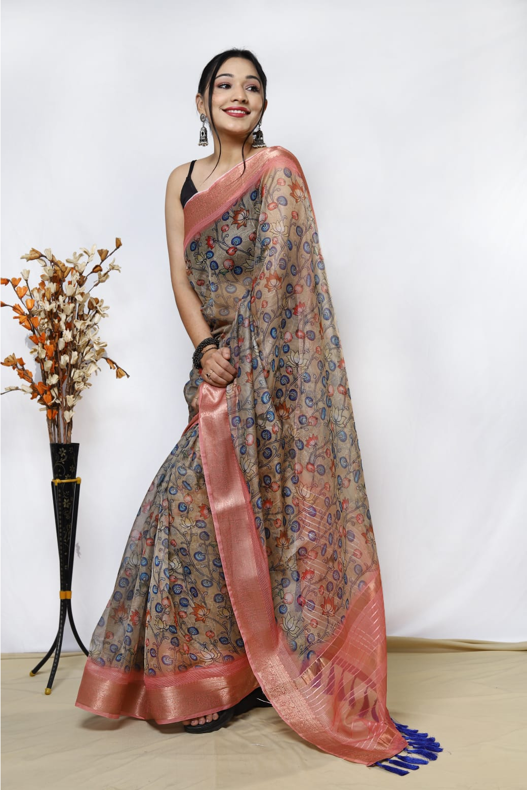 Pure Organza Silk Kalamkari Print Saree With Zari Border