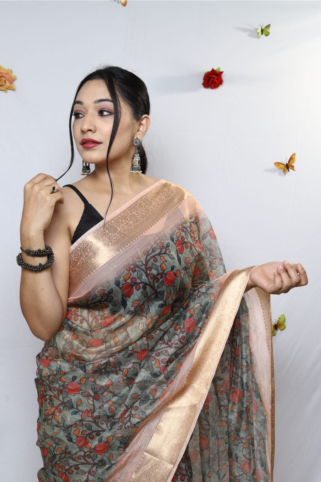 Pure Organza Silk Kalamkari Print Saree With Zari Border
