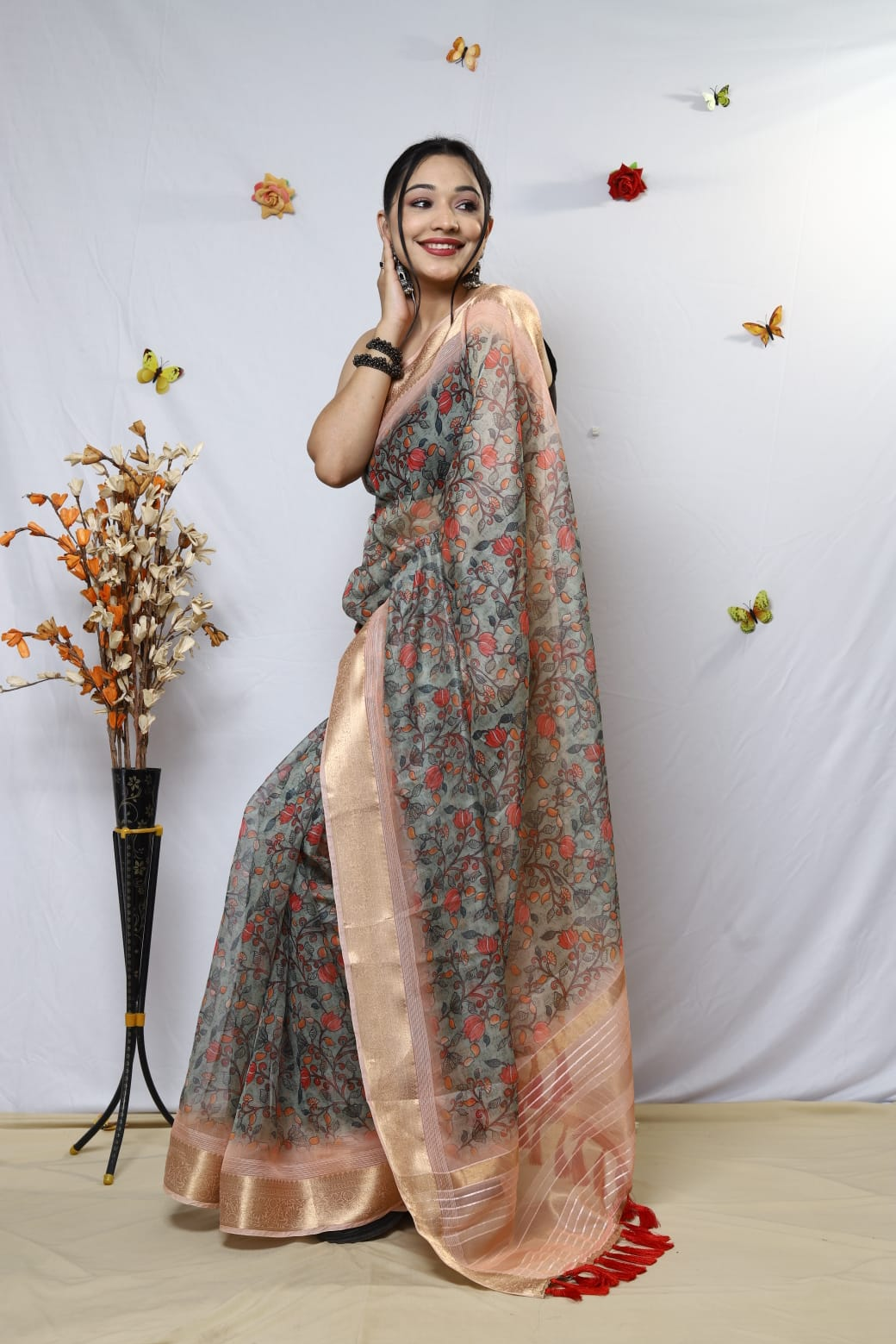 Pure Organza Silk Kalamkari Print Saree With Zari Border