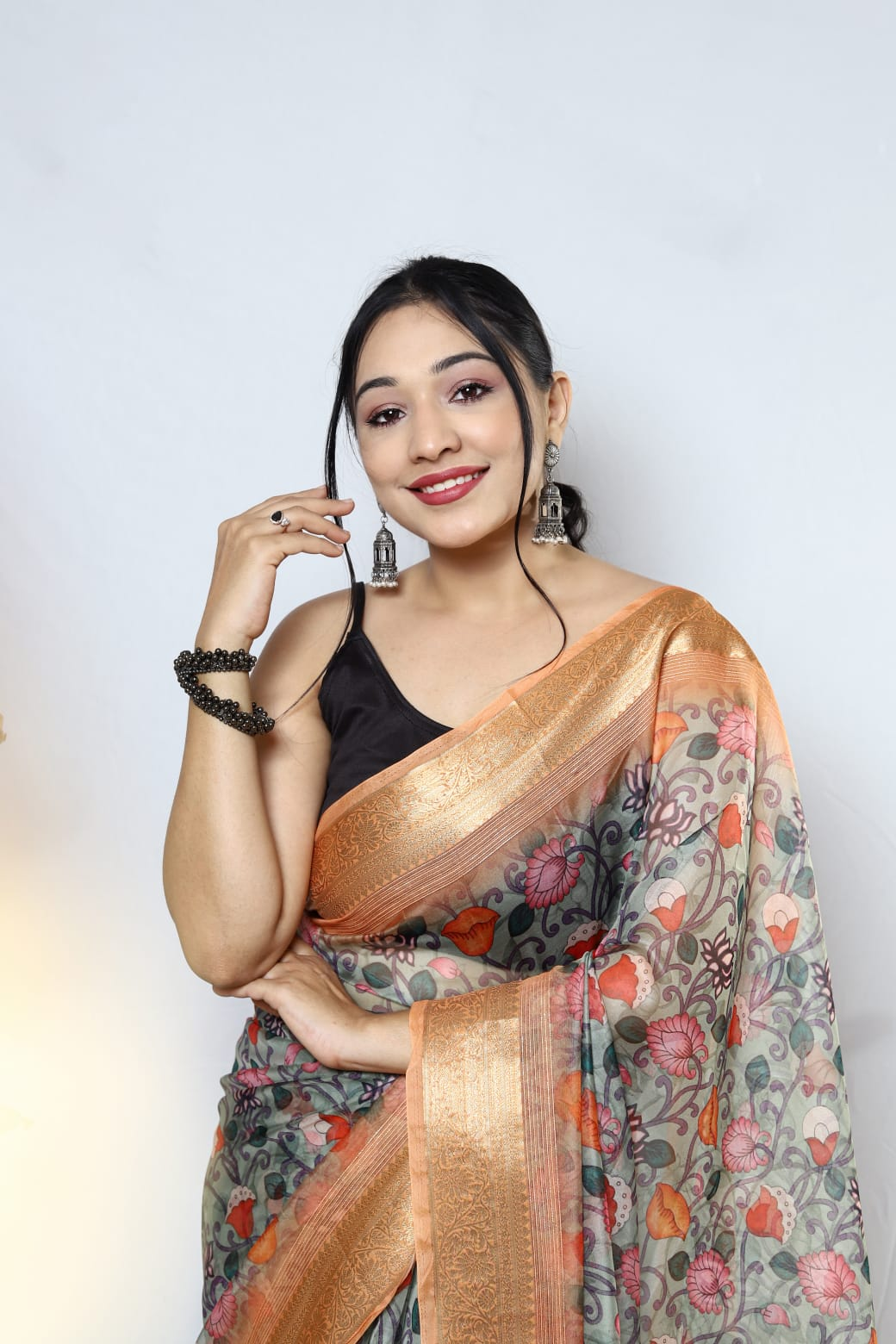 Pure Organza Silk Kalamkari Print Saree With Zari Border