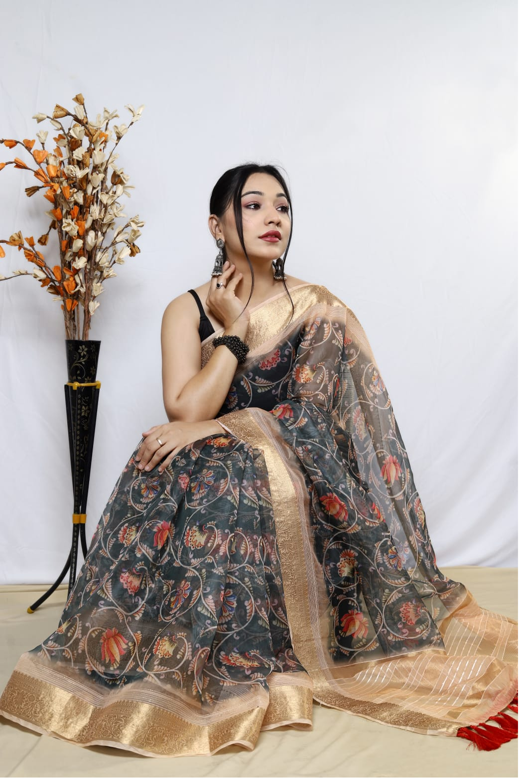 Pure Organza Silk Kalamkari Print Saree With Zari Border