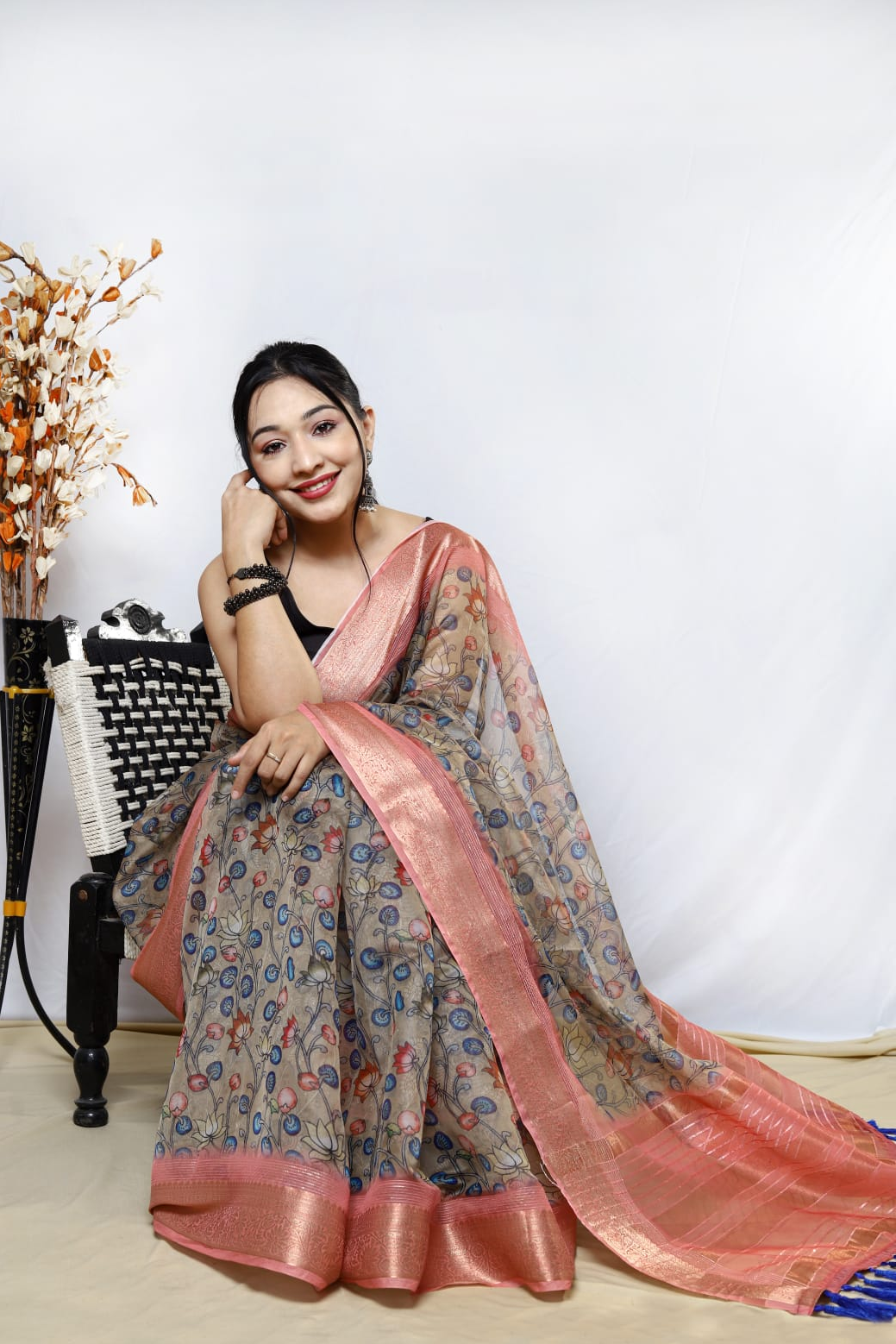 Pure Organza Silk Kalamkari Print Saree With Zari Border