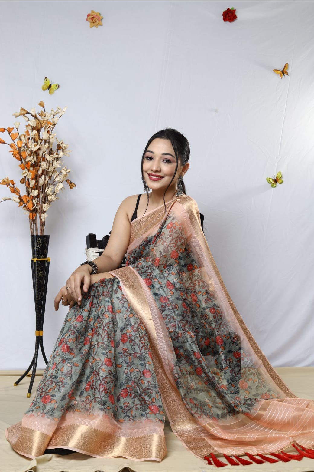 Pure Organza Silk Kalamkari Print Saree With Zari Border