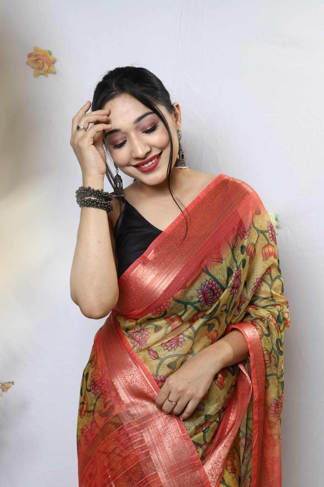 Pure Organza Silk Kalamkari Print Saree With Zari Border