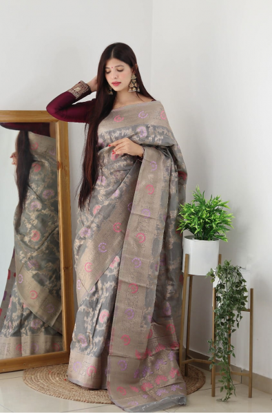 Image of Gray Pure Organza Silk Zari Meenakari Weaved Saree