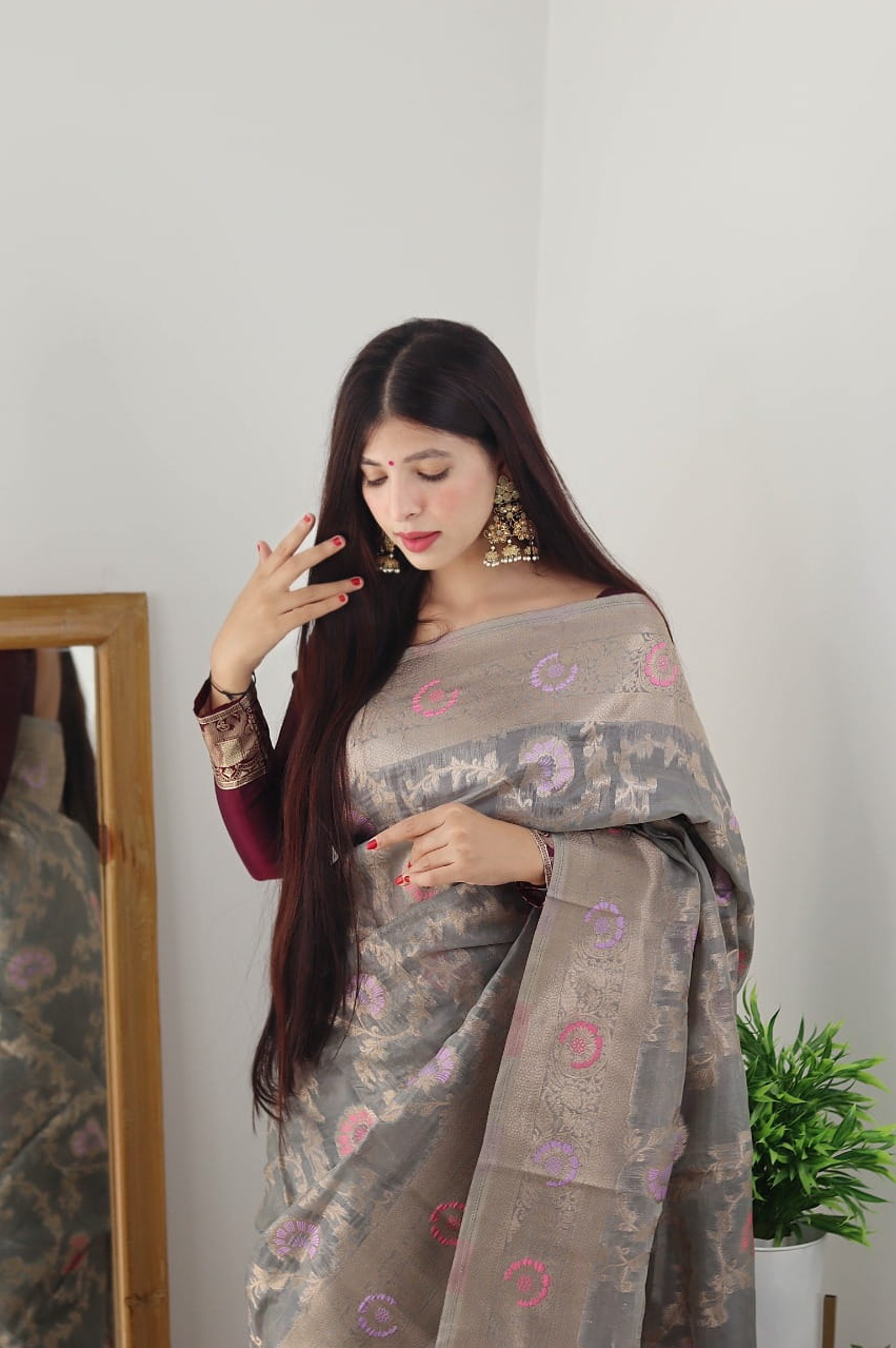 Gray Pure Organza Silk Zari Meenakari Weaved Saree