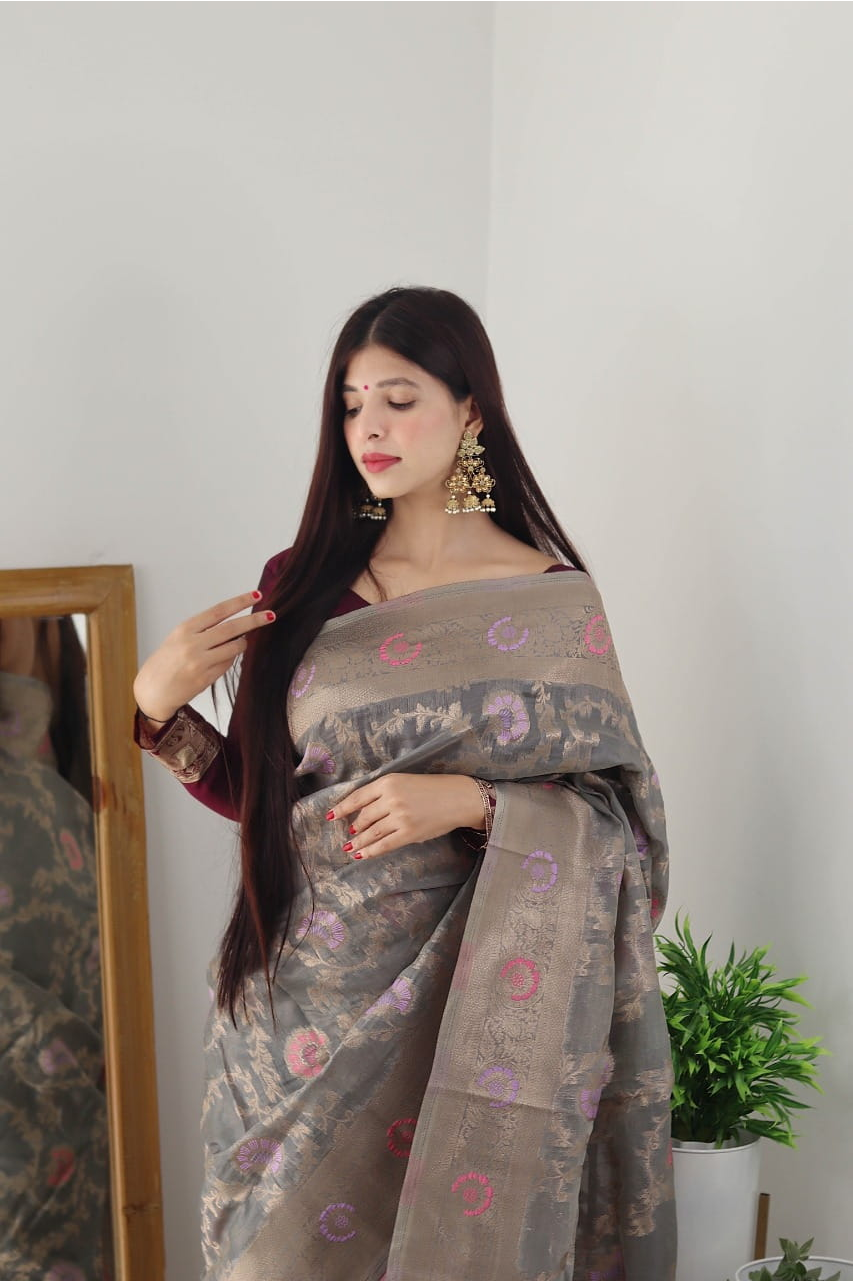 Gray Pure Organza Silk Zari Meenakari Weaved Saree