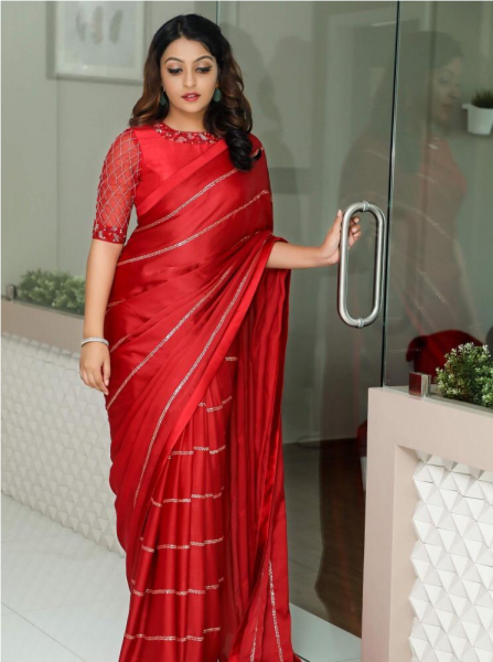 Image of Red Banarasi Silk Embroidery Sequence Work Saree