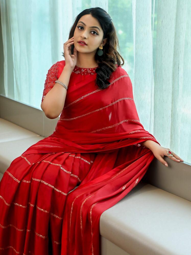 Red Banarasi Silk Embroidery Sequence Work Saree