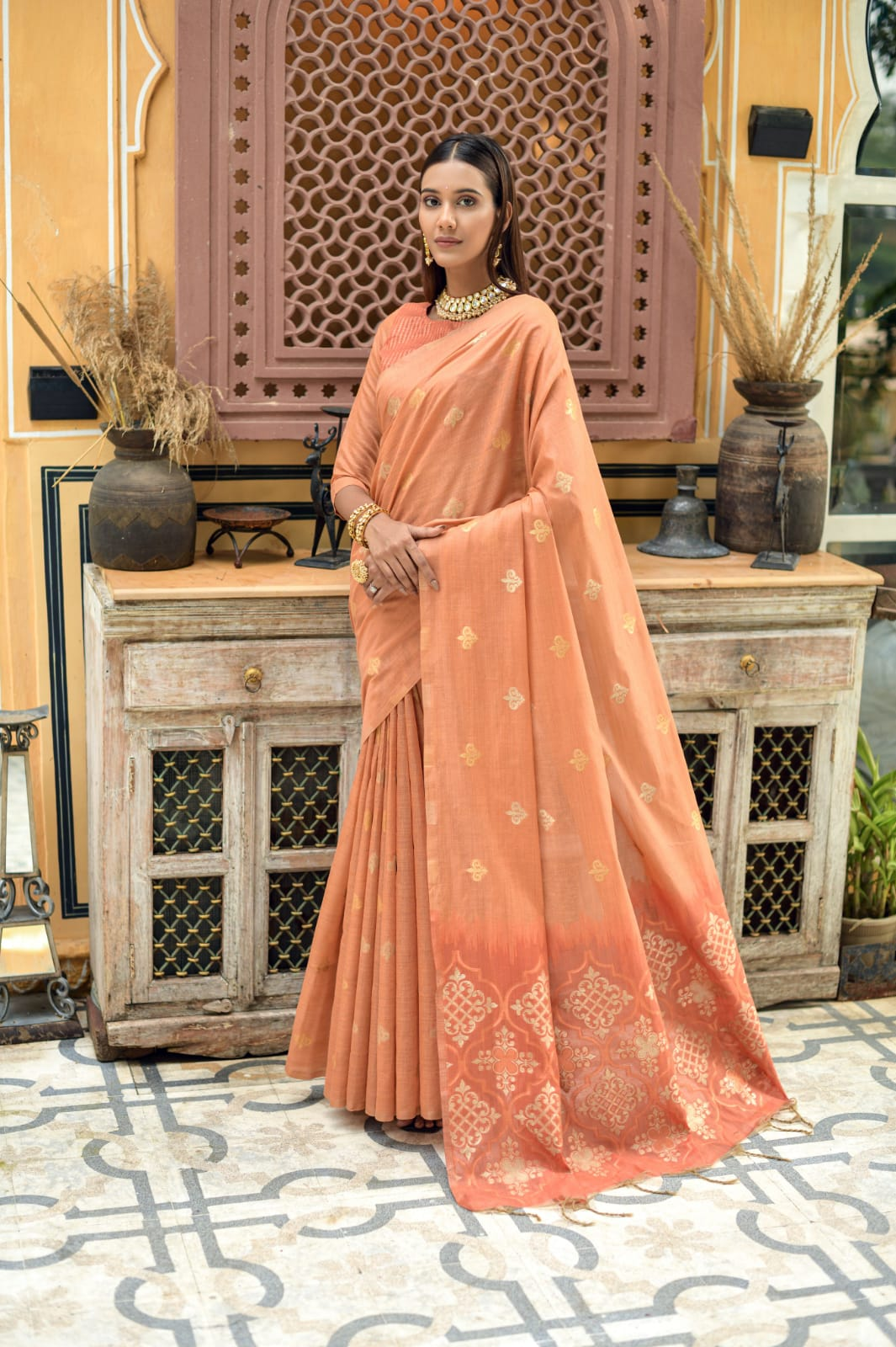 Pure Chanderi Silk All Over Zari Weaved Rich Pallu Saree