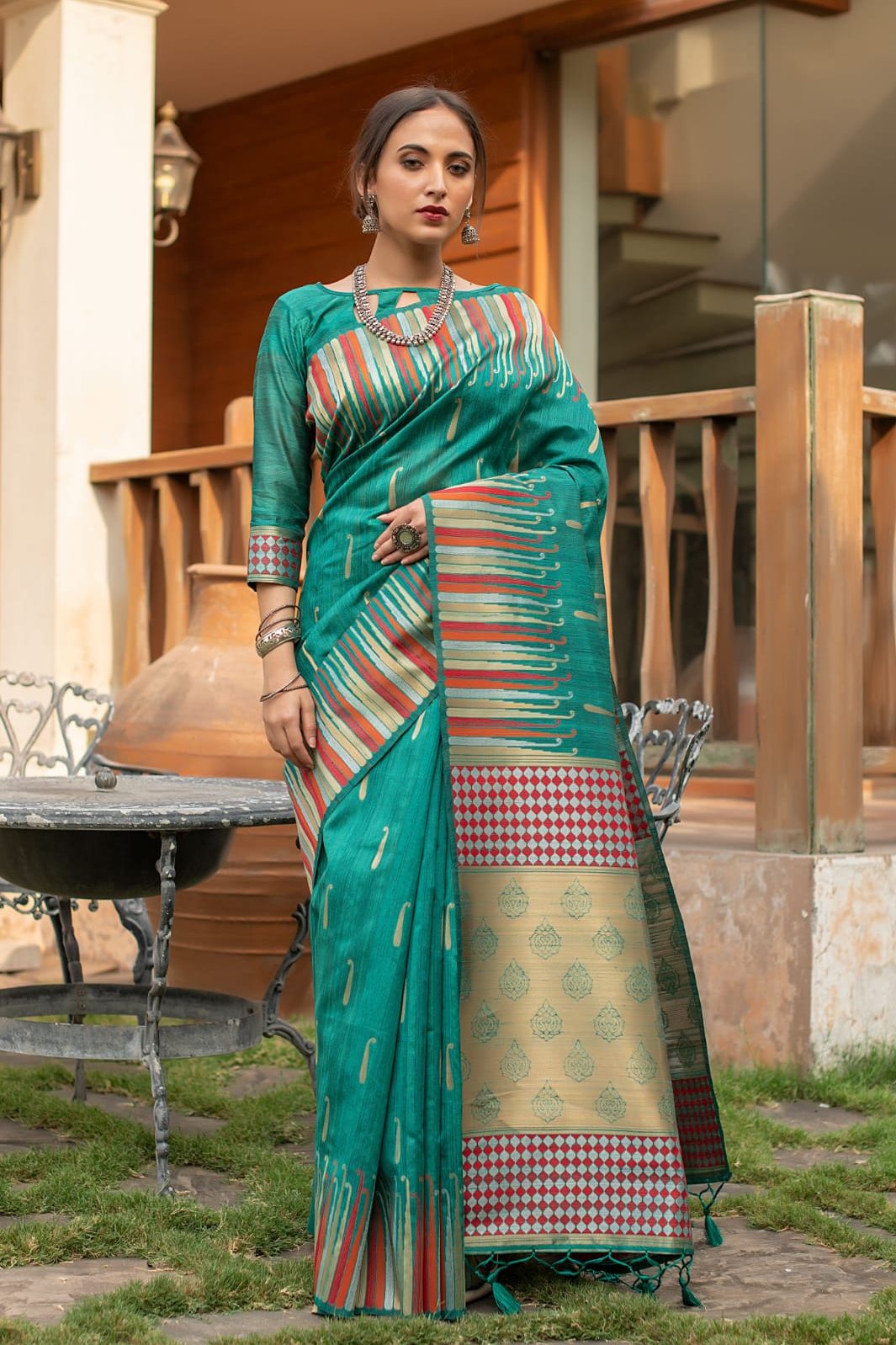 Pure Tussar Silk Ikkat Woven Border Saree