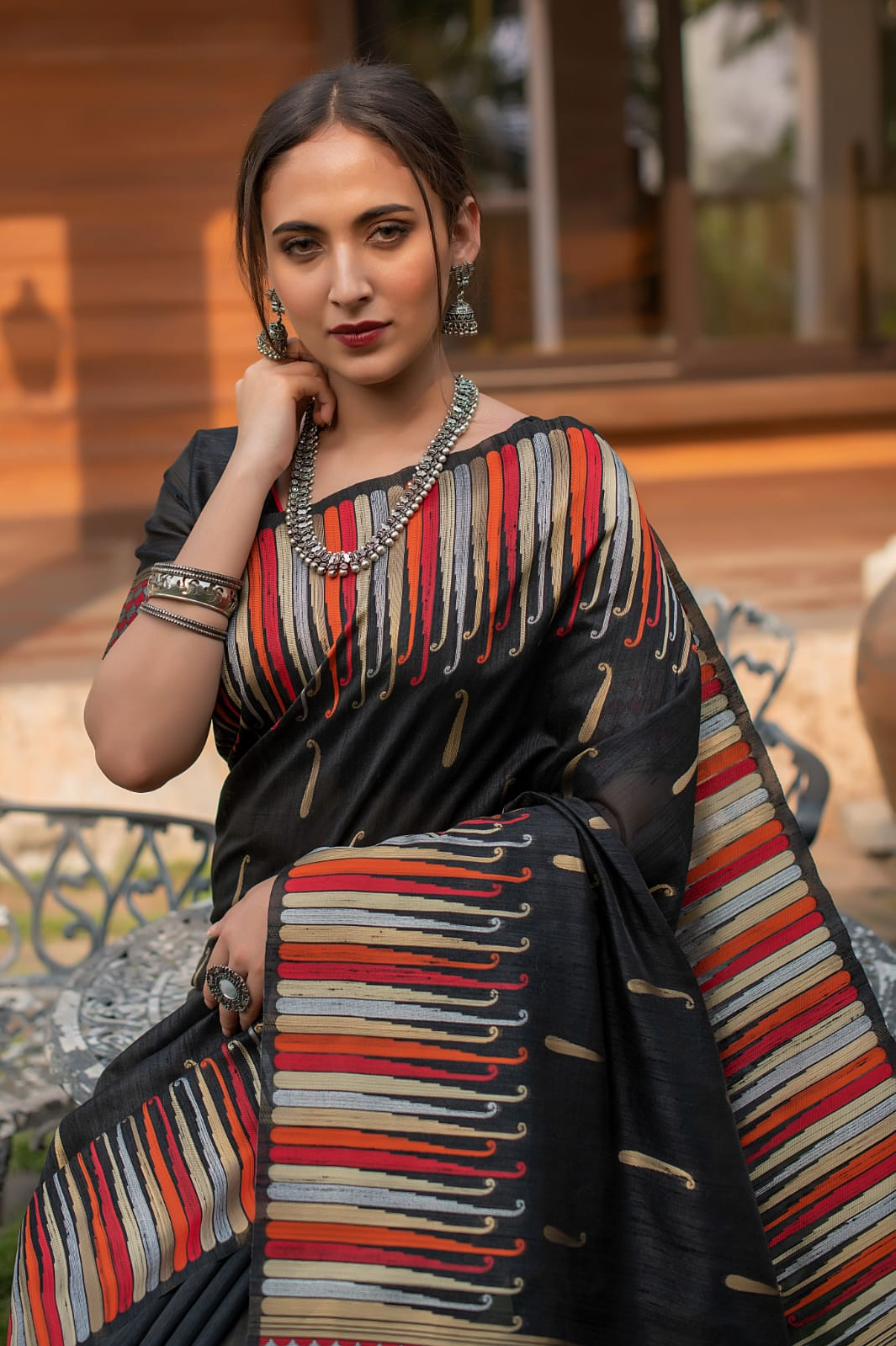 Pure Tussar Silk Ikkat Woven Border Saree