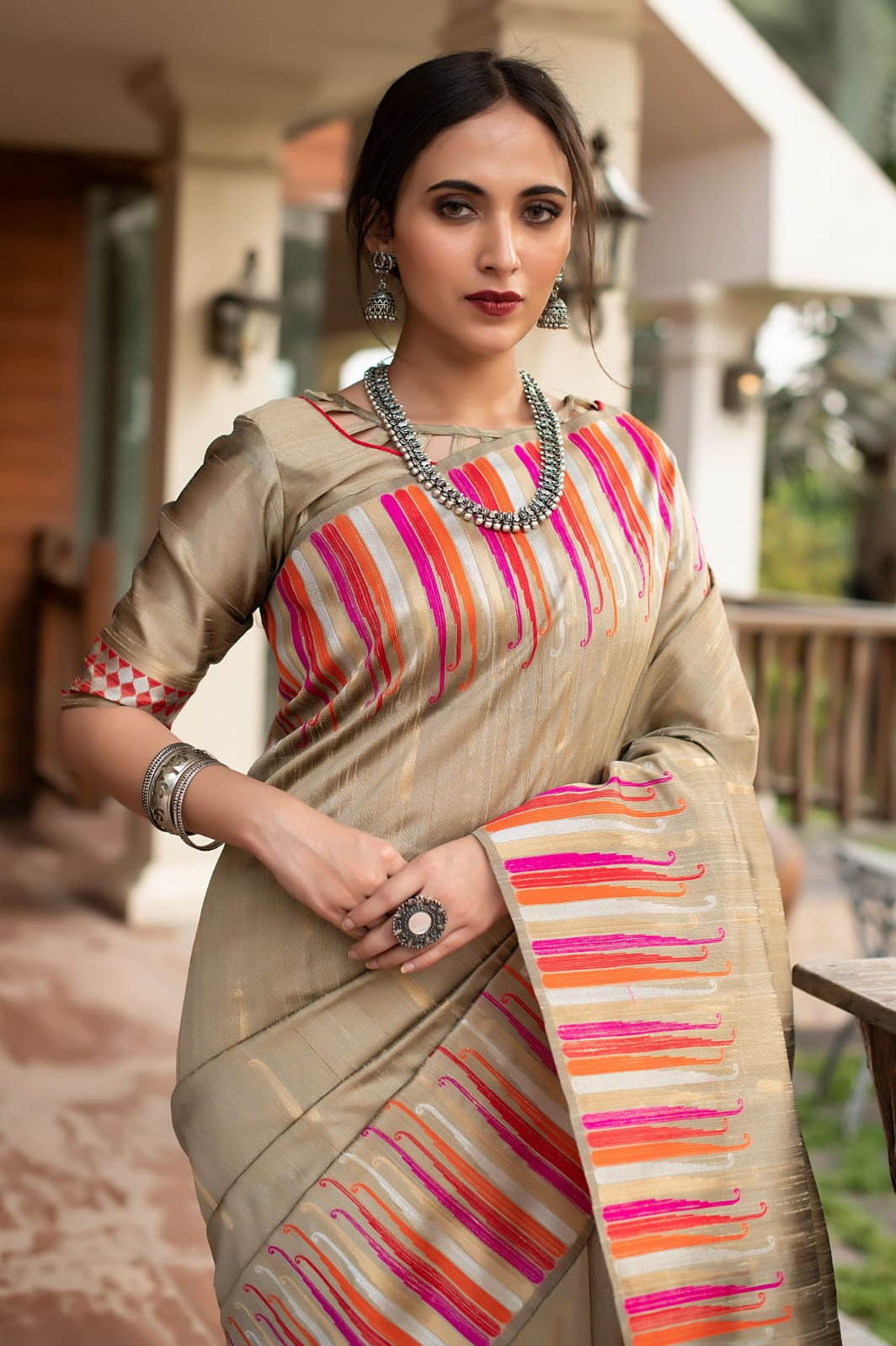 Pure Tussar Silk Ikkat Woven Border Saree