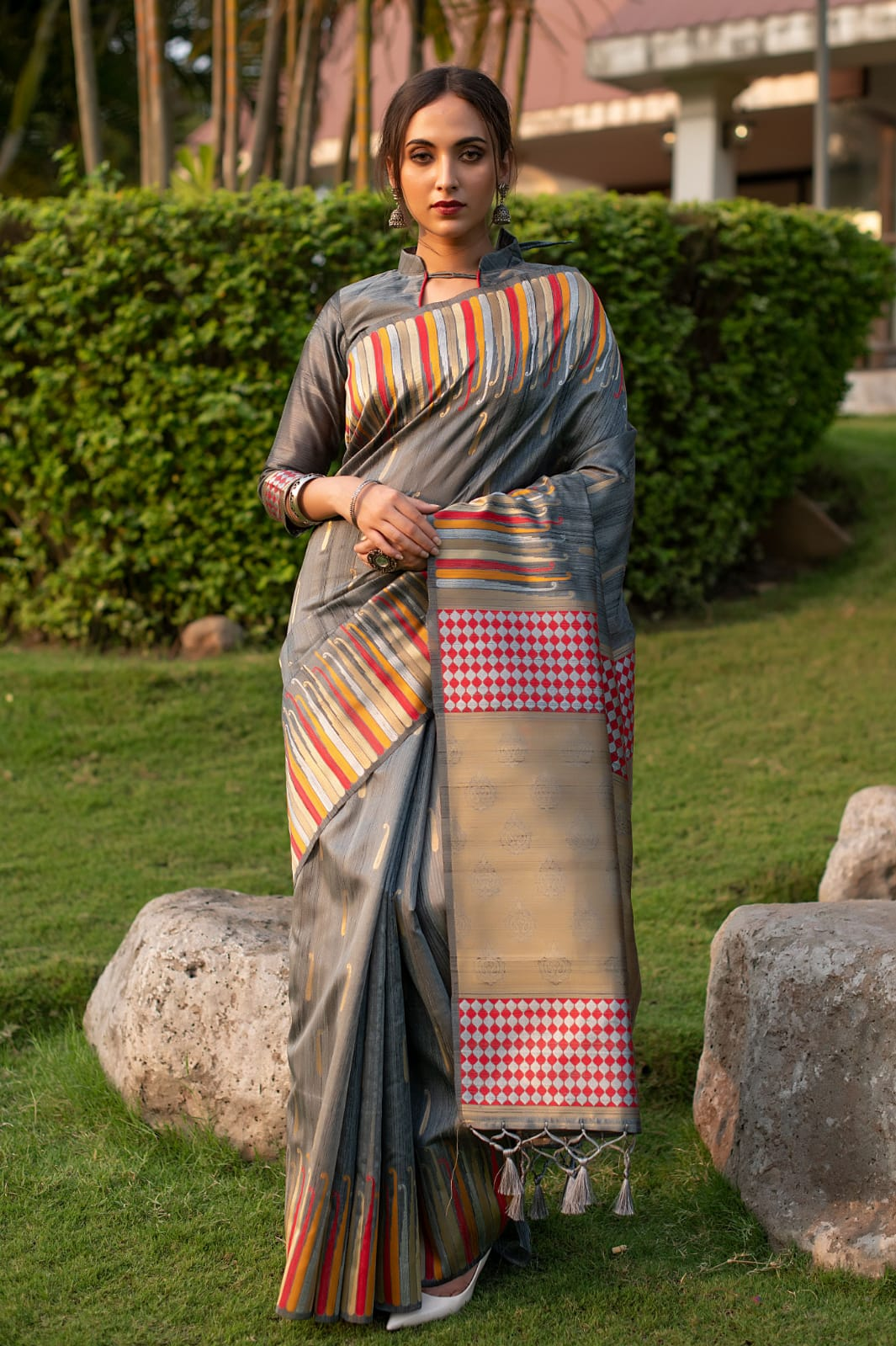 Pure Tussar Silk Ikkat Woven Border Saree