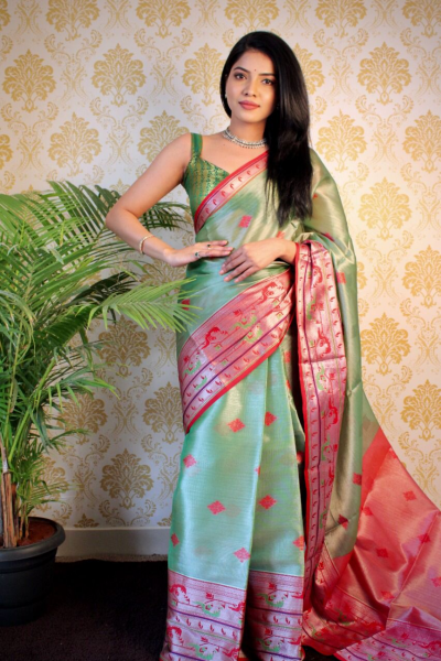 Image of Pure Tissue Silk With Rich Pallu Paithani Border Saree