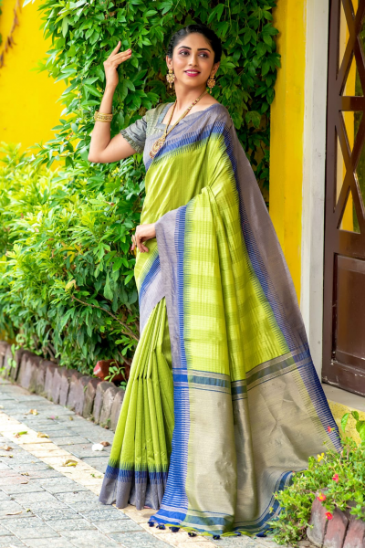 Image of Soft Silk Woven Bomkai Temple Border Saree
