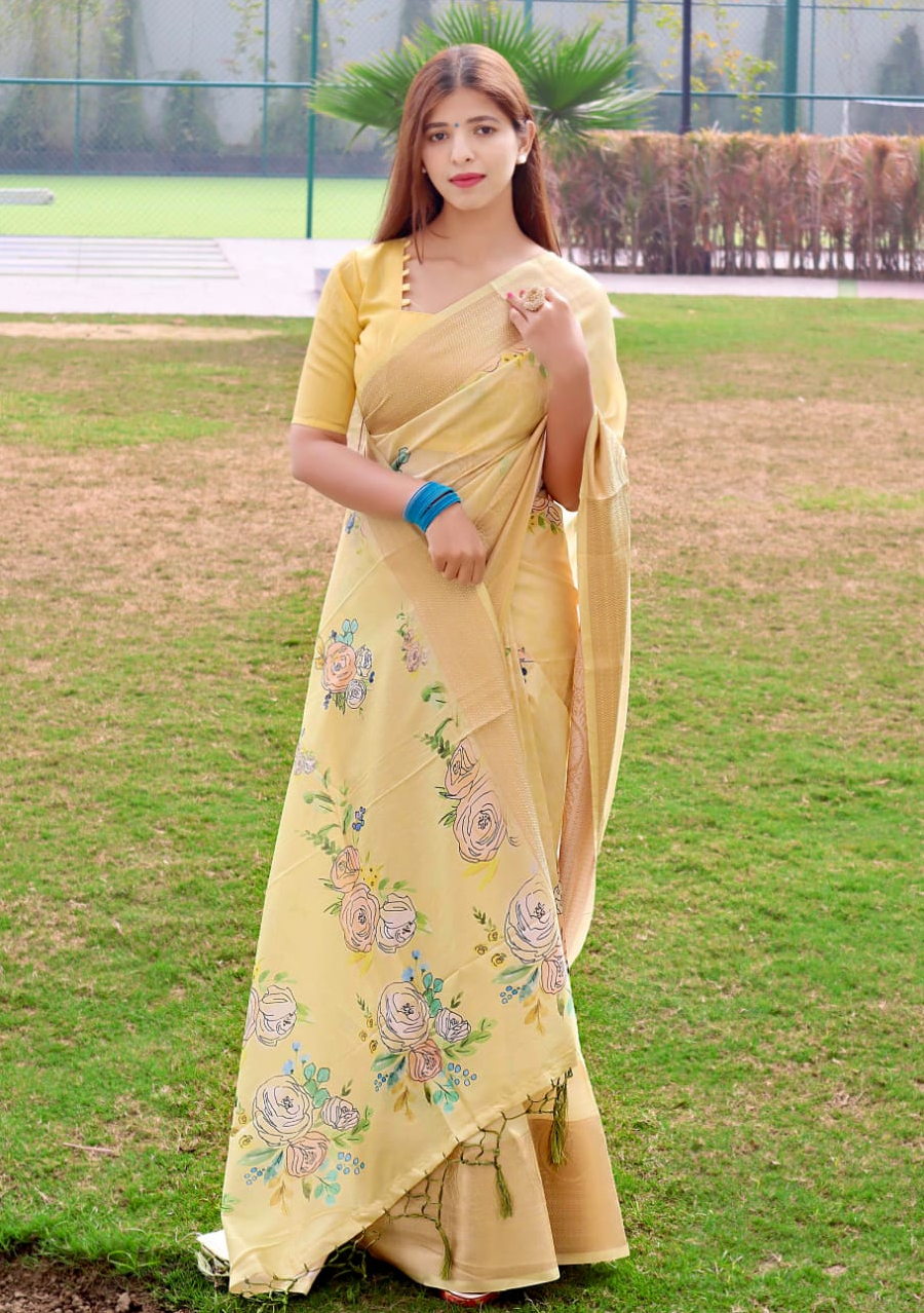 Cotton Silk Printed Body With Zari Weaved Big Border Saree