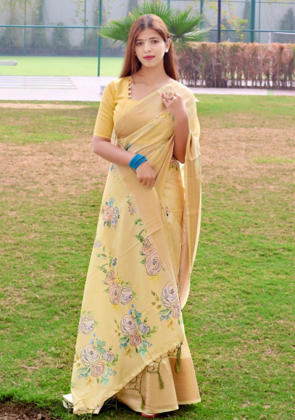 Image of Cotton Silk Printed Body With Zari Weaved Big Border Saree