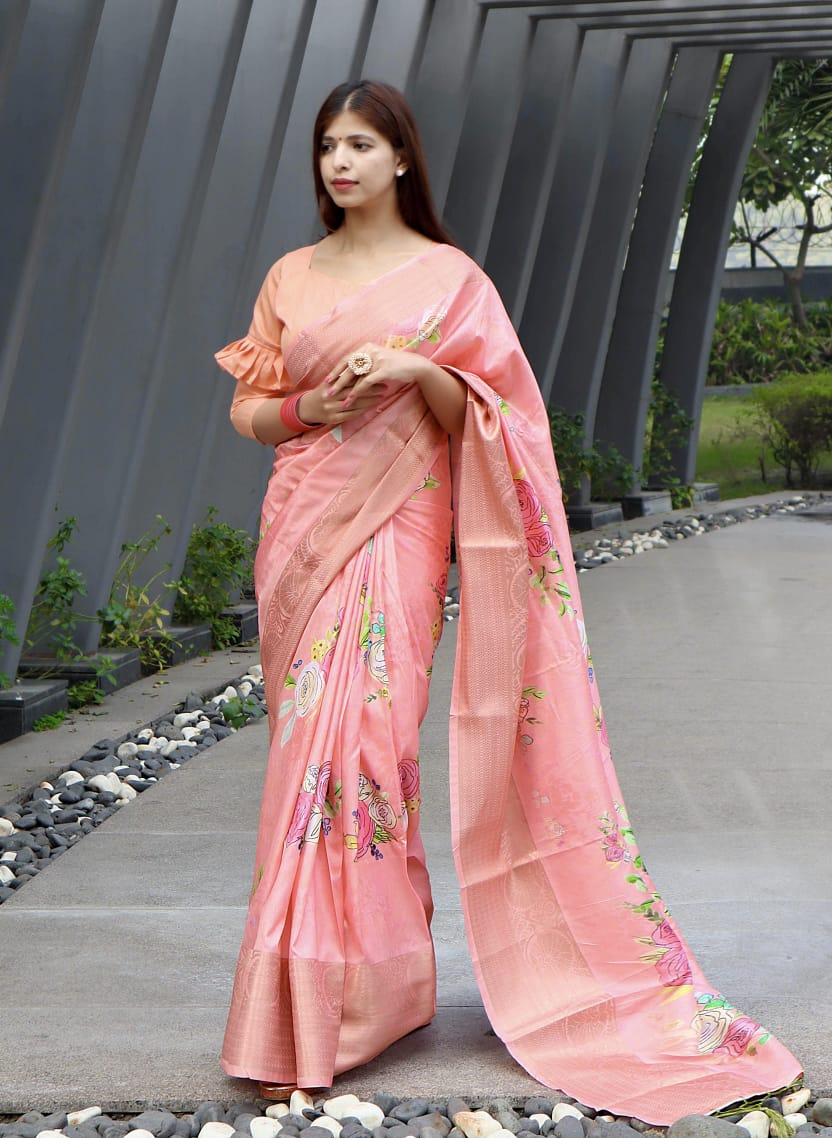 Cotton Silk Printed Body With Zari Weaved Big Border Saree