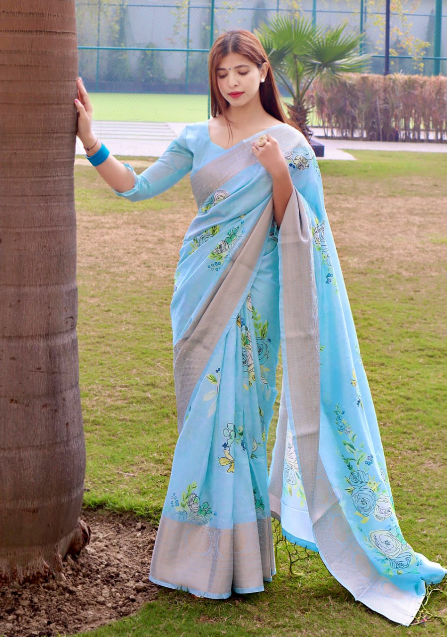 Cotton Silk Printed Body With Zari Weaved Big Border Saree