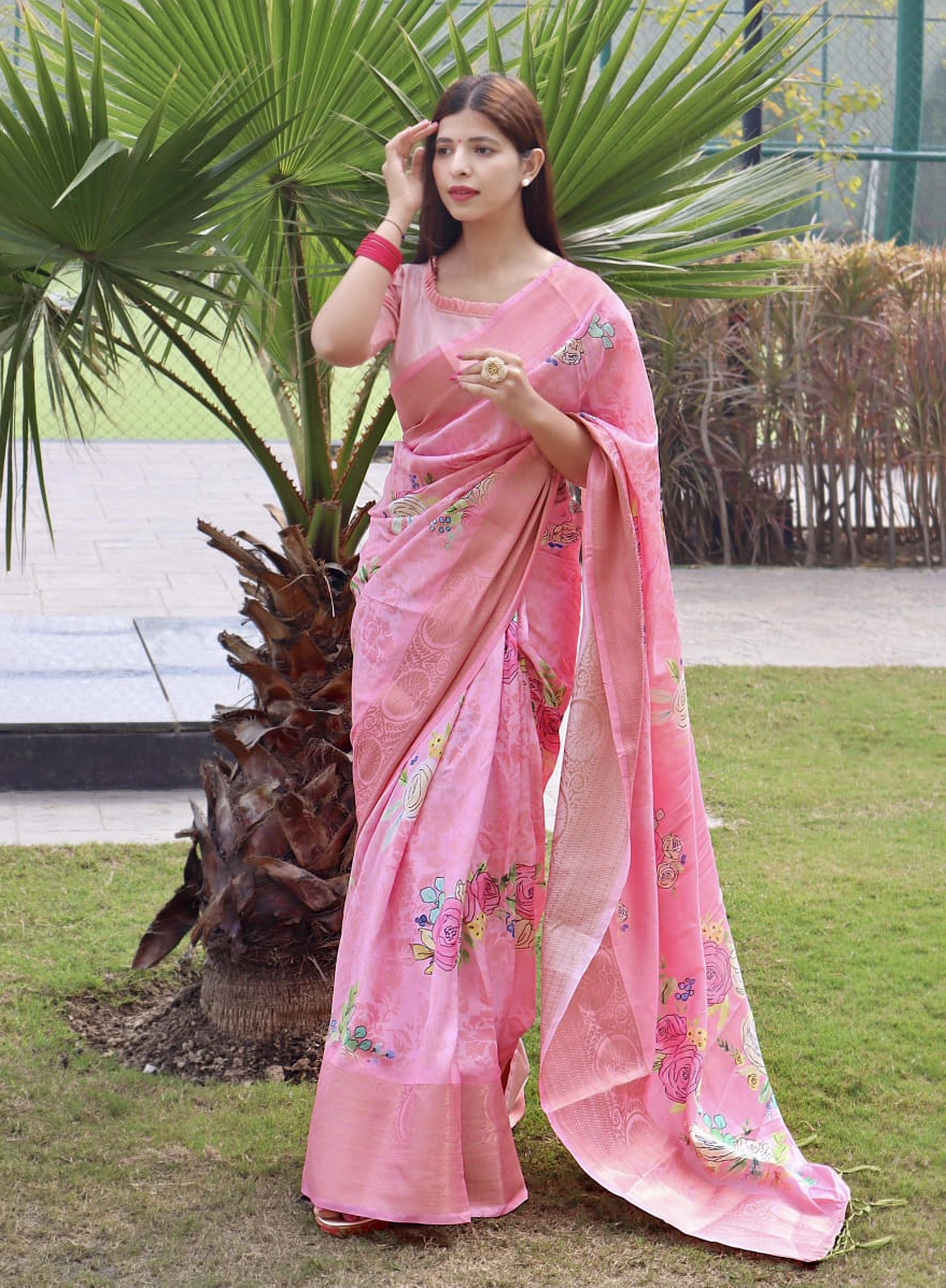 Cotton Silk Printed Body With Zari Weaved Big Border Saree