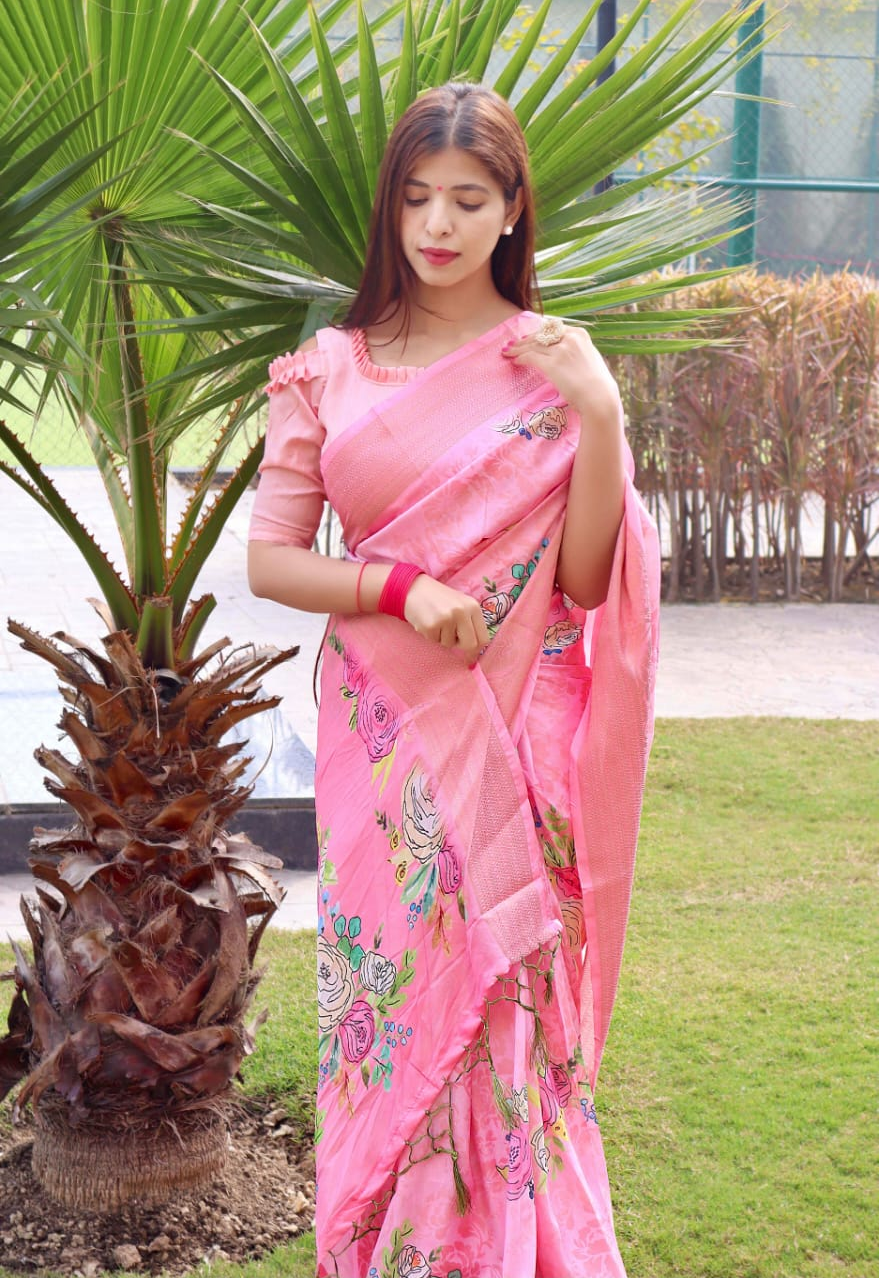 Cotton Silk Printed Body With Zari Weaved Big Border Saree
