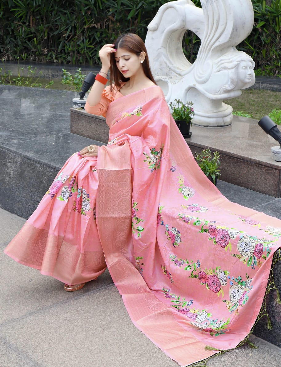 Cotton Silk Printed Body With Zari Weaved Big Border Saree