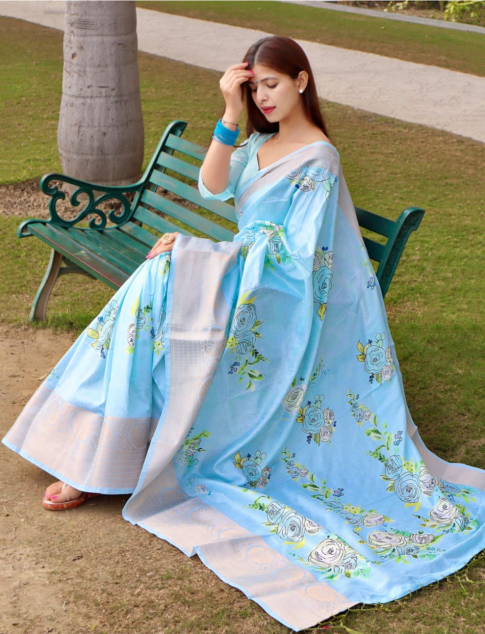 Cotton Silk Printed Body With Zari Weaved Big Border Saree