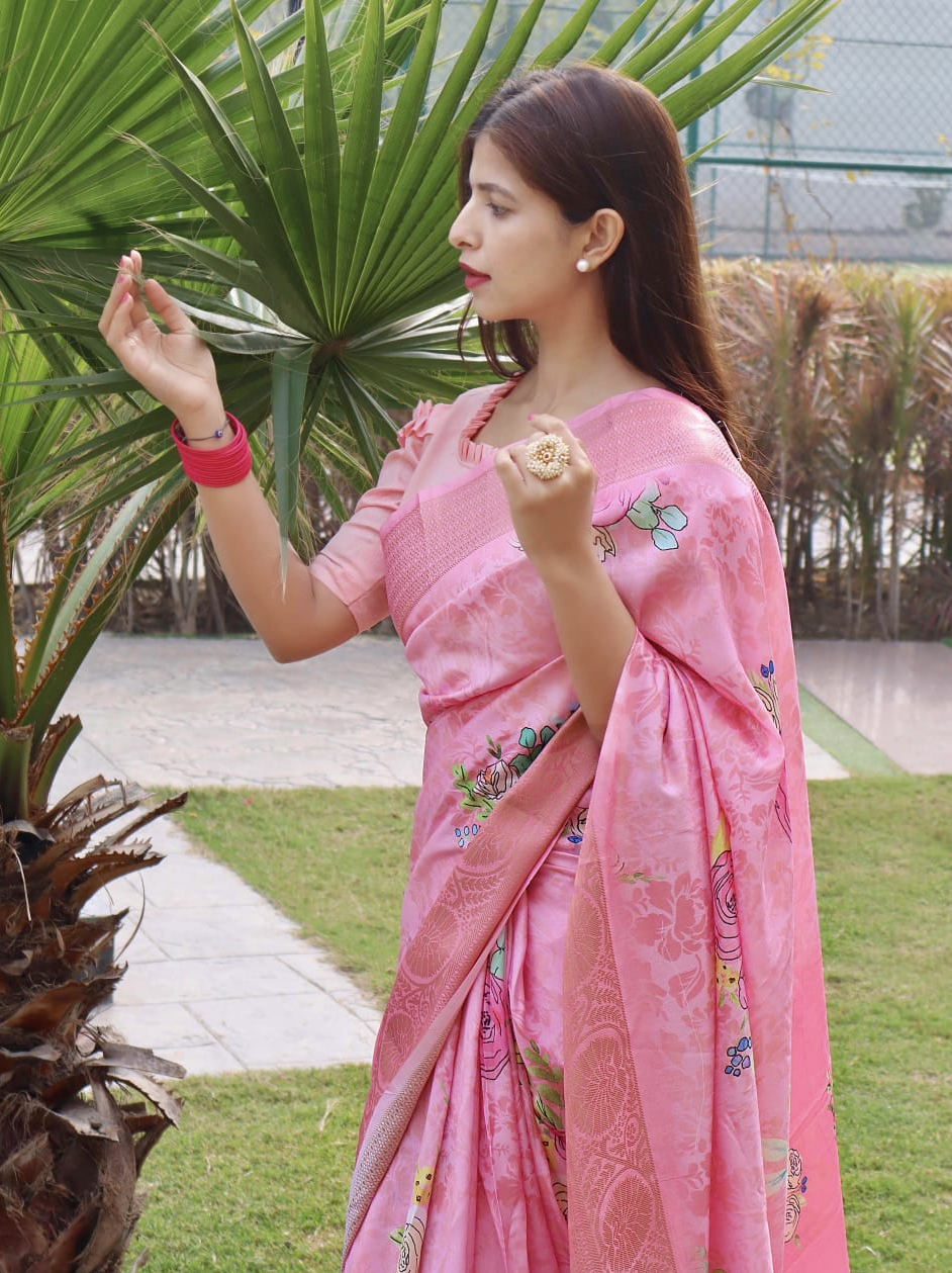 Cotton Silk Printed Body With Zari Weaved Big Border Saree