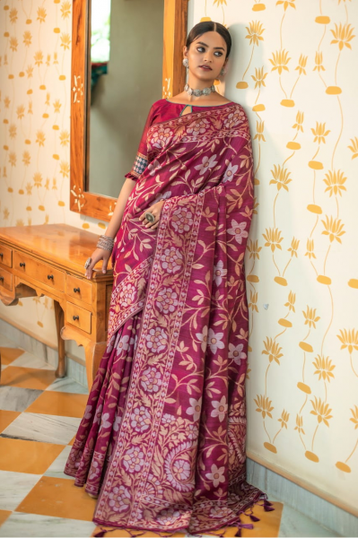 Image of Pure Tussar Silk Jamdani Woven Border Rich Pallu Saree