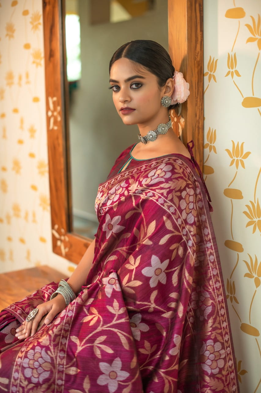 Pure Tussar Silk Jamdani Woven Border Rich Pallu Saree