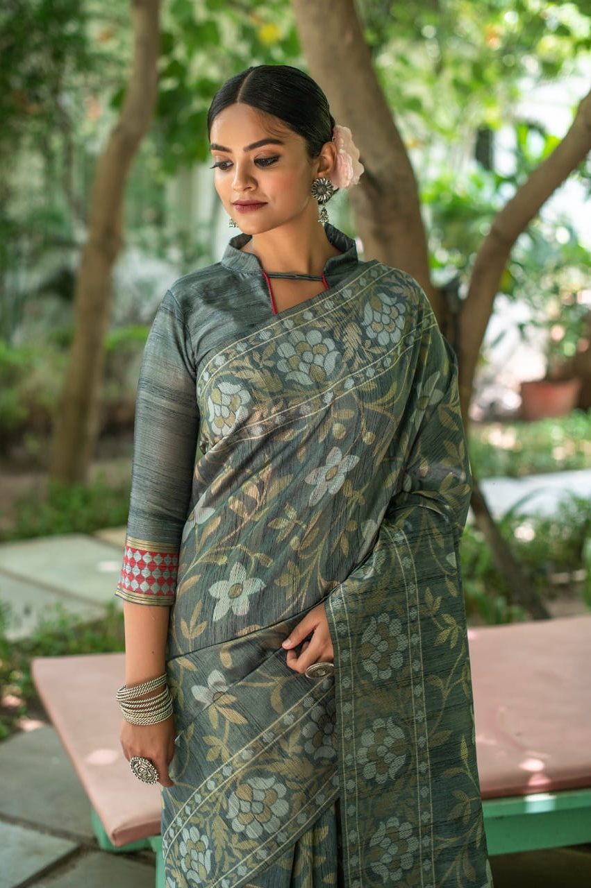 Pure Tussar Silk Jamdani Woven Border Rich Pallu Saree