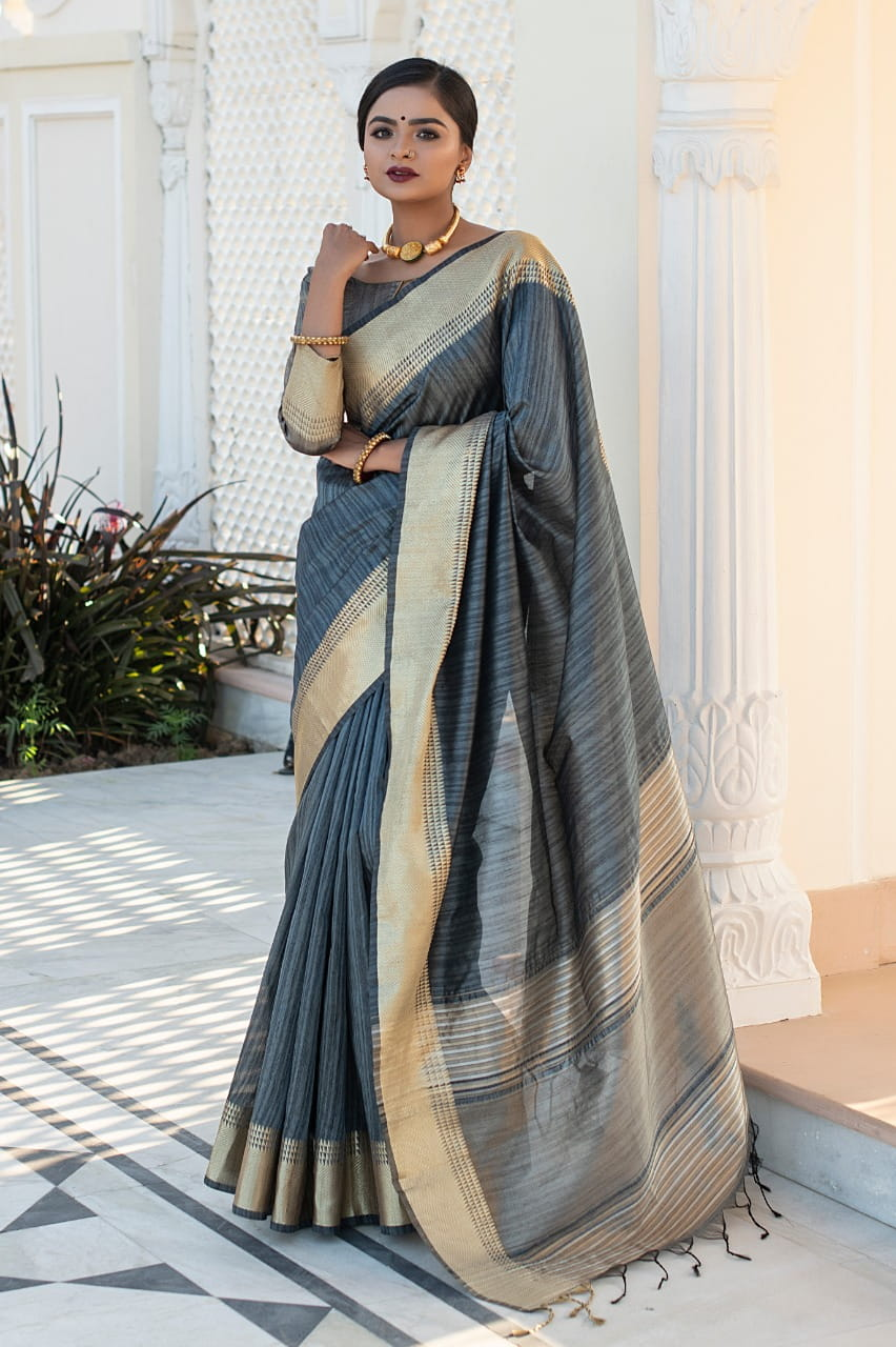 Pure Tussar Silk Plain Weaving Zari Border Saree