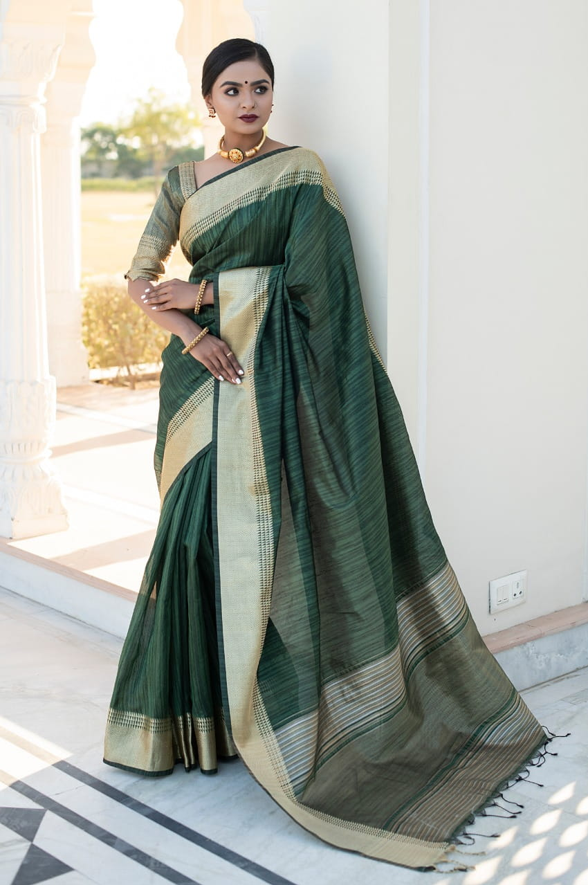 Pure Tussar Silk Plain Weaving Zari Border Saree