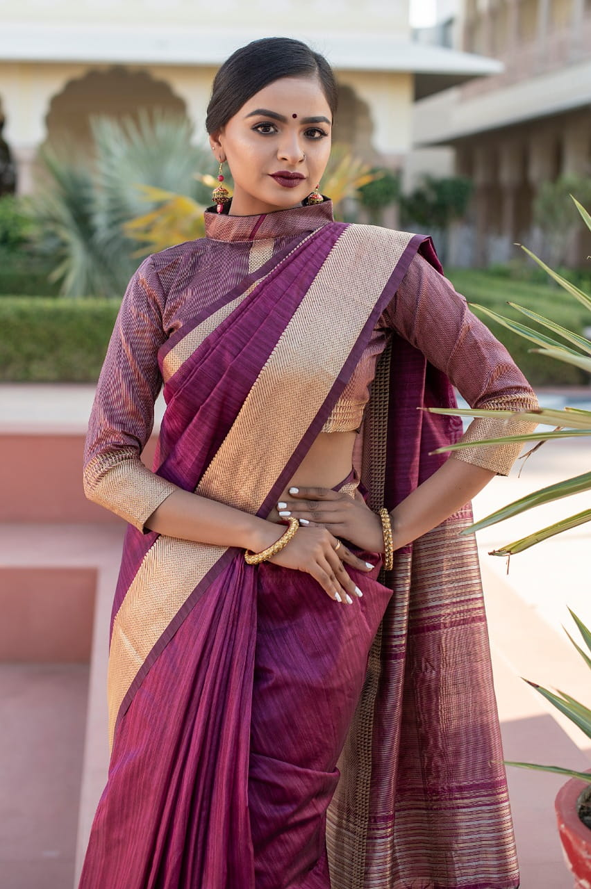 Pure Tussar Silk Plain Weaving Zari Border Saree