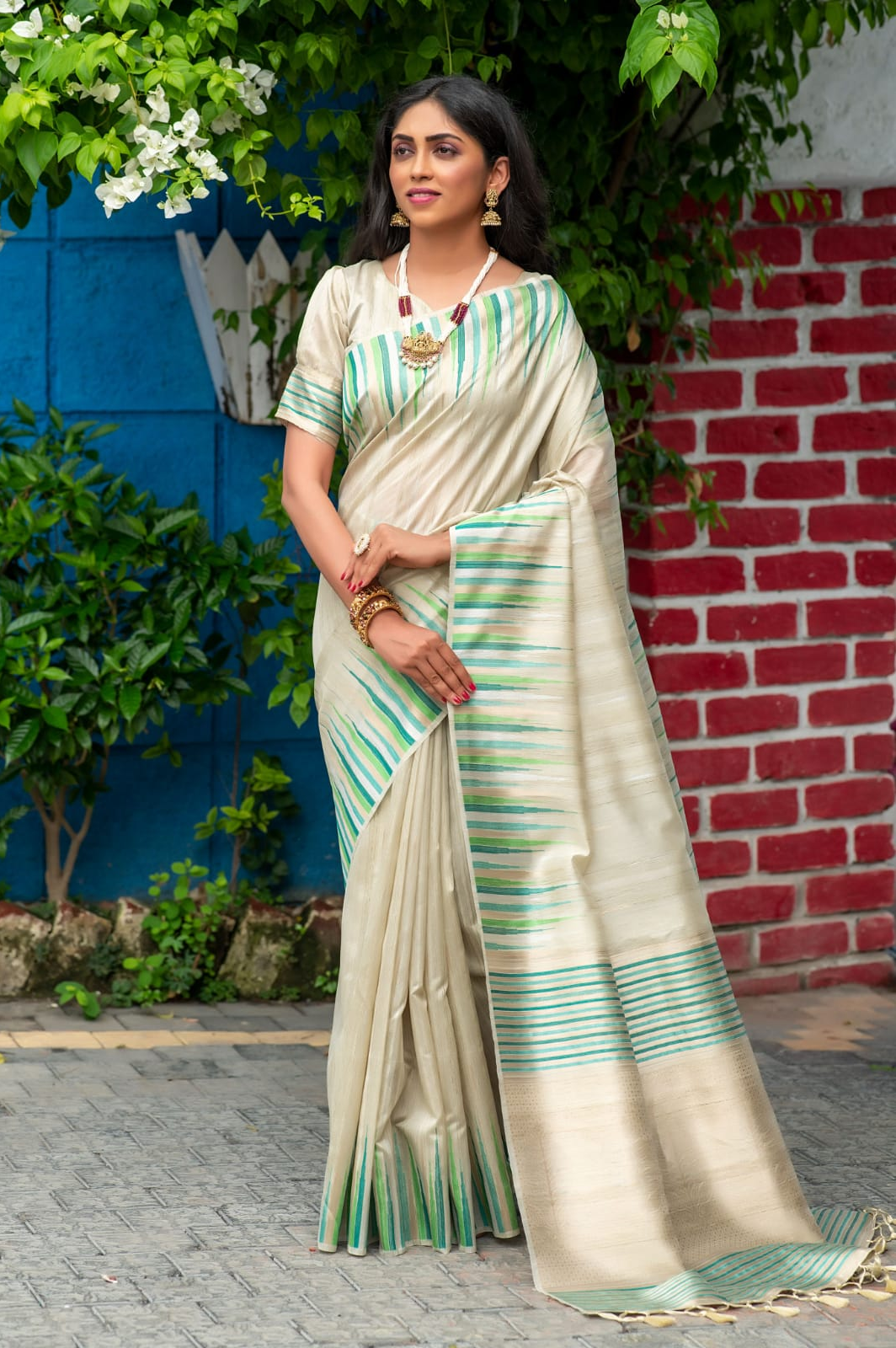 Pure Tussar Silk Ikkat Woven Border Saree With Tassels