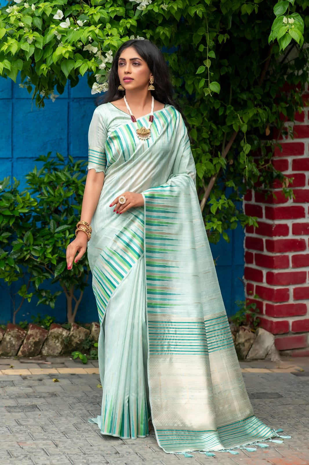 Pure Tussar Silk Ikkat Woven Border Saree With Tassels