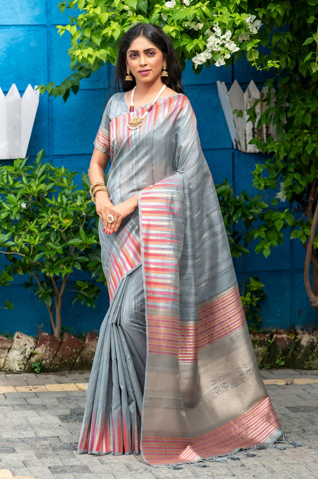 Pure Tussar Silk Ikkat Woven Border Saree With Tassels