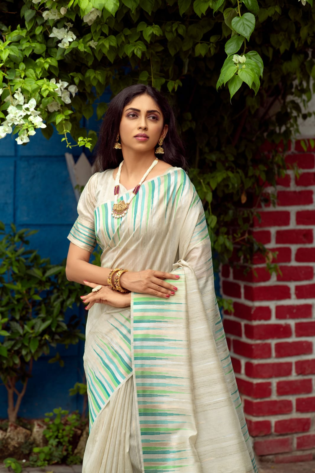 Pure Tussar Silk Ikkat Woven Border Saree With Tassels