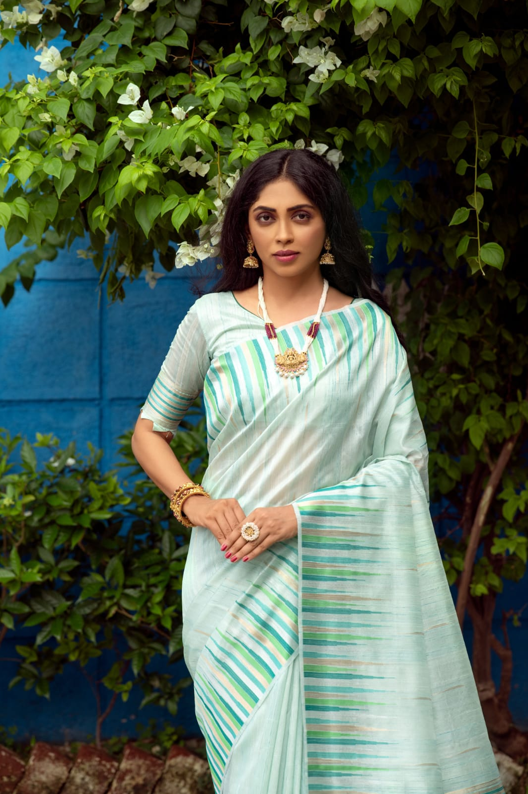 Pure Tussar Silk Ikkat Woven Border Saree With Tassels