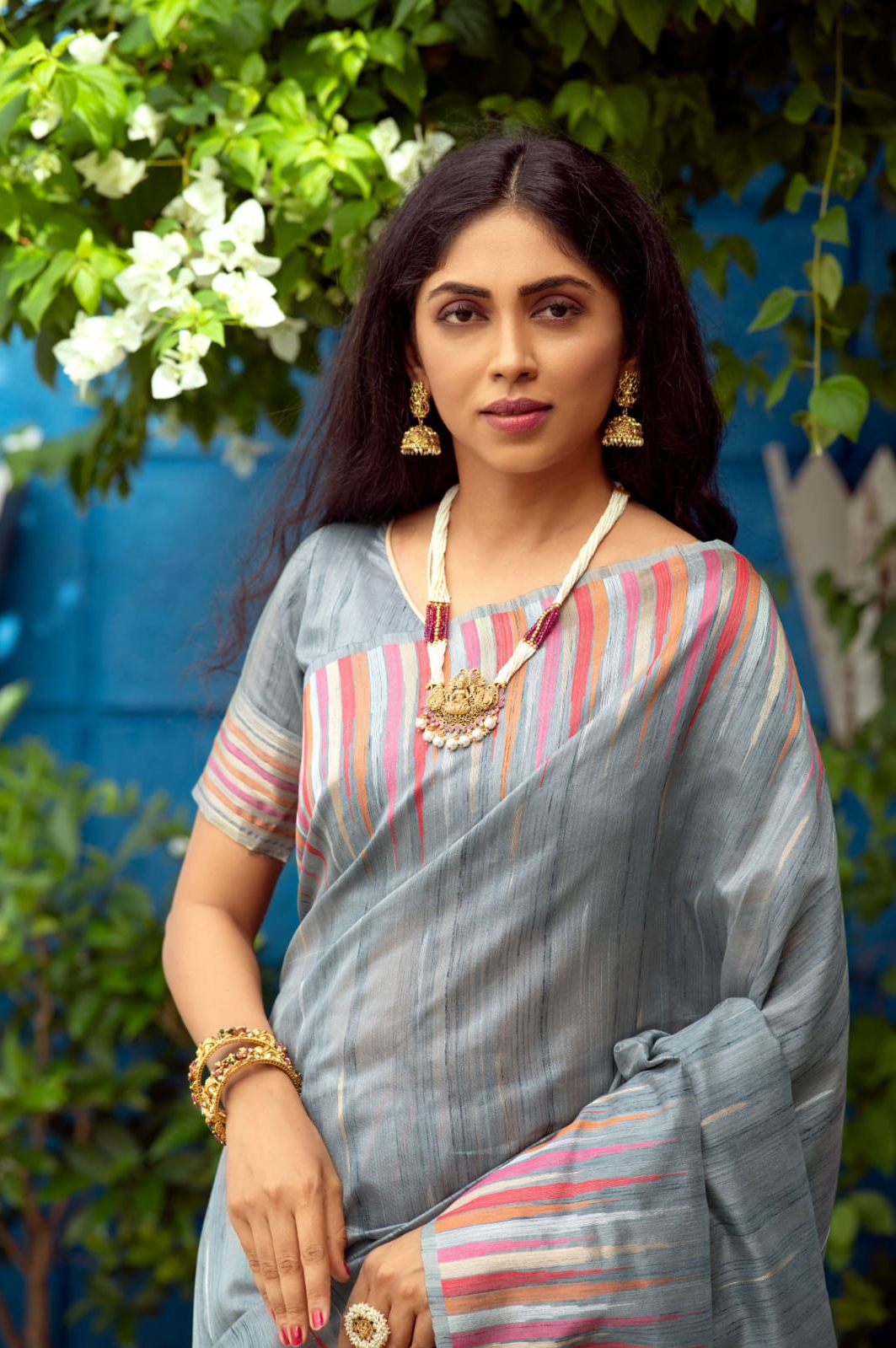 Pure Tussar Silk Ikkat Woven Border Saree With Tassels