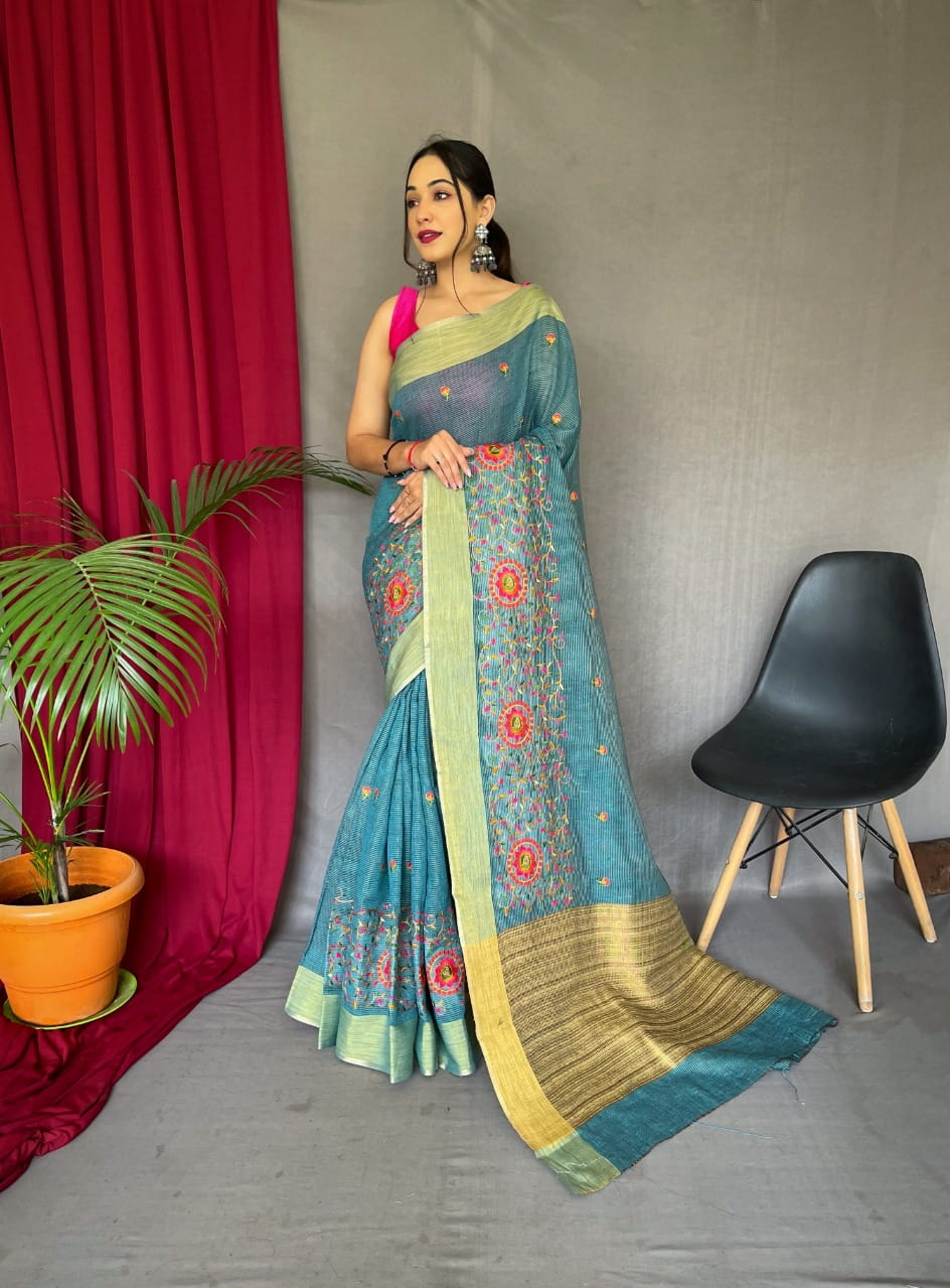 Linen Saree All Over Colorful Embroidery Jaal Work Saree