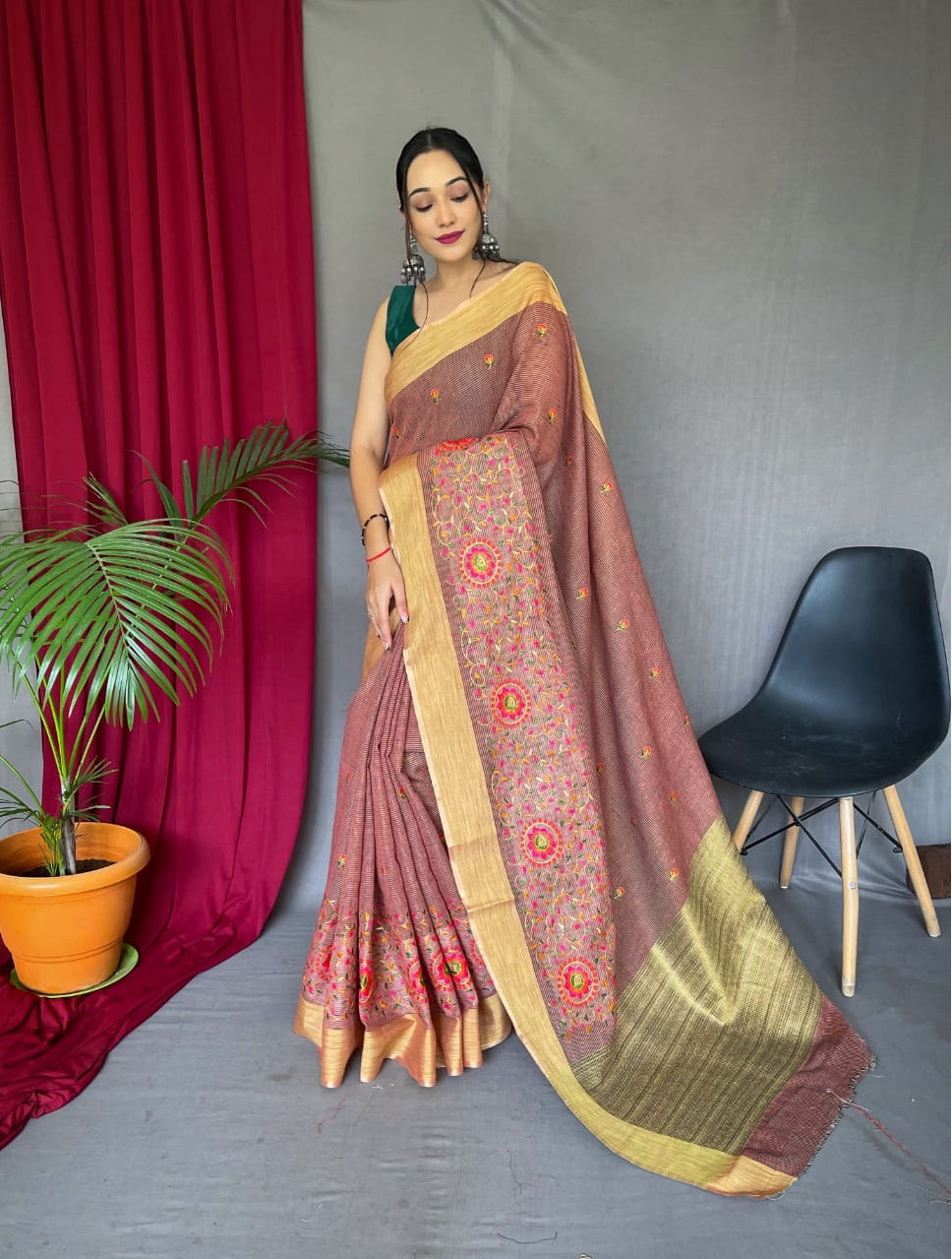 Linen Saree All Over Colorful Embroidery Jaal Work Saree