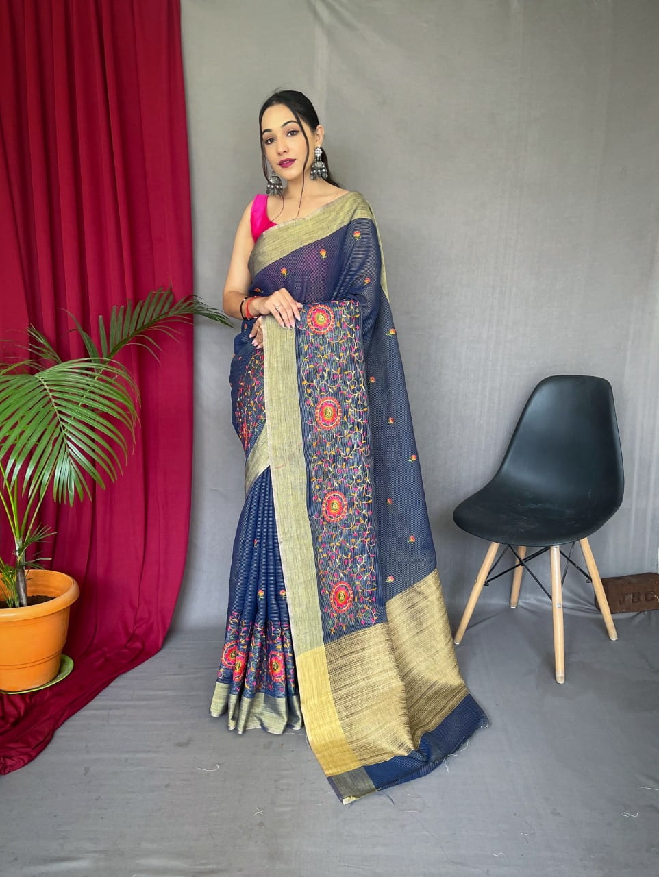 Linen Saree All Over Colorful Embroidery Jaal Work Saree