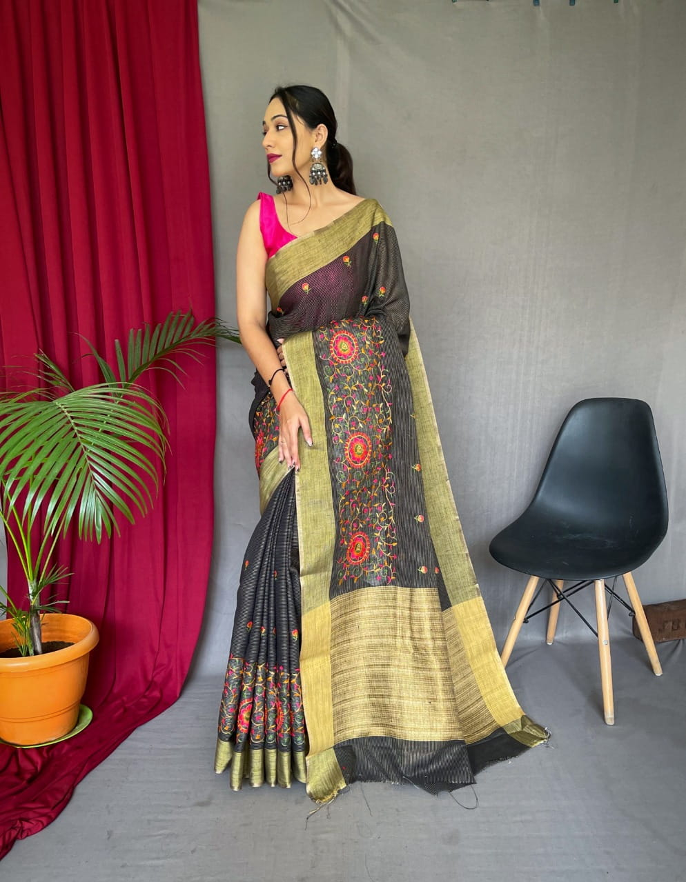 Linen Saree All Over Colorful Embroidery Jaal Work Saree