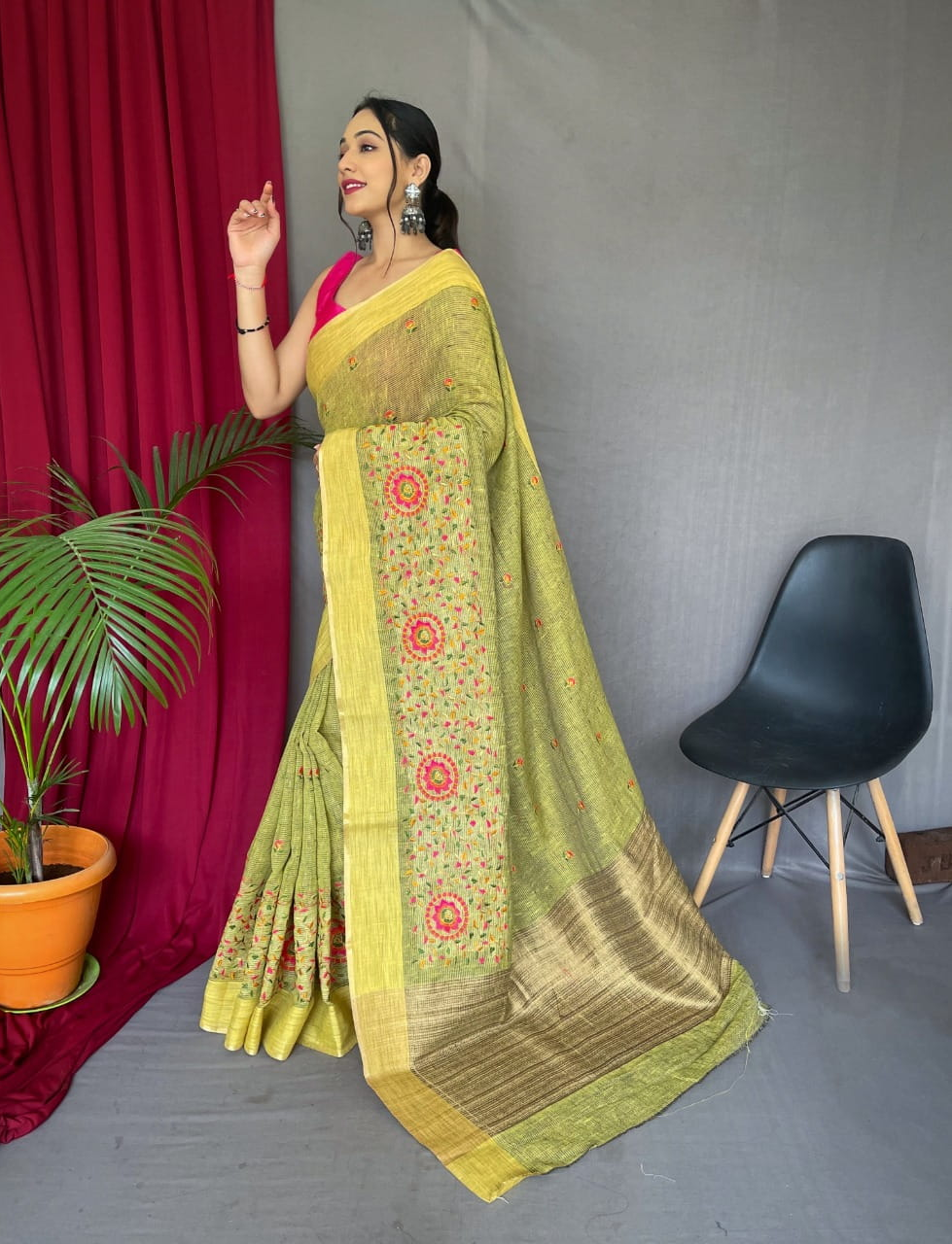 Linen Saree All Over Colorful Embroidery Jaal Work Saree