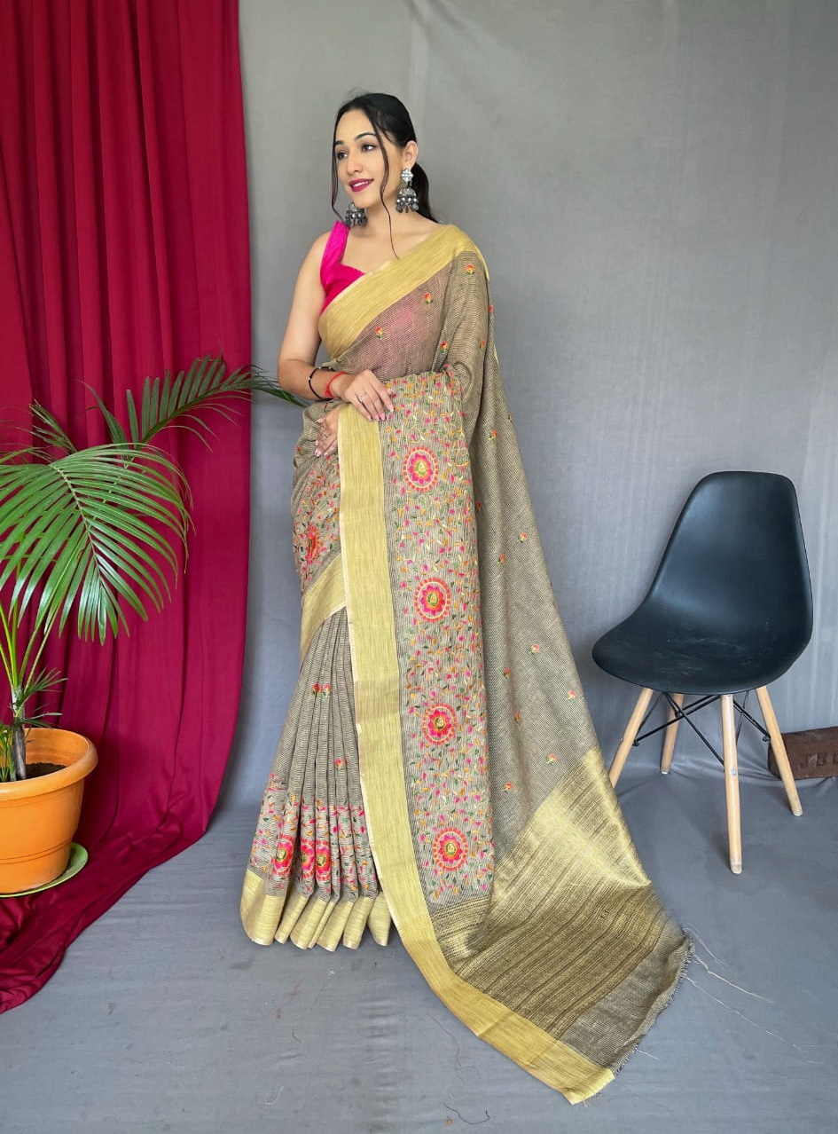 Linen Saree All Over Colorful Embroidery Jaal Work Saree