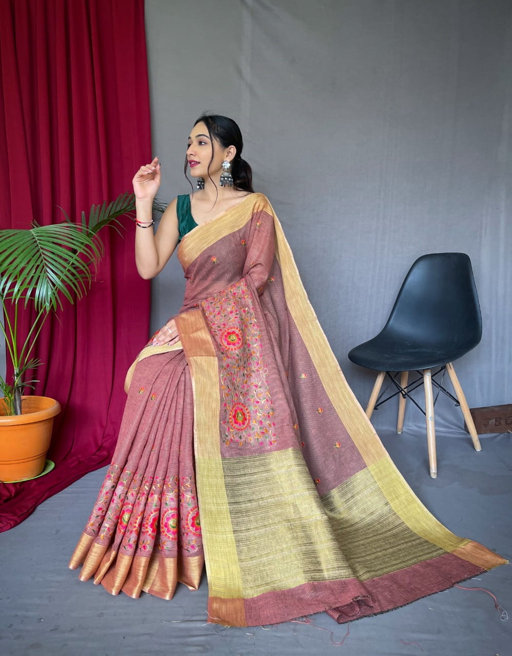 Linen Saree All Over Colorful Embroidery Jaal Work Saree