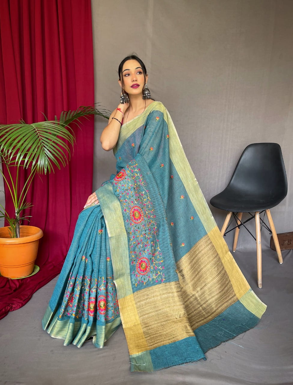Linen Saree All Over Colorful Embroidery Jaal Work Saree